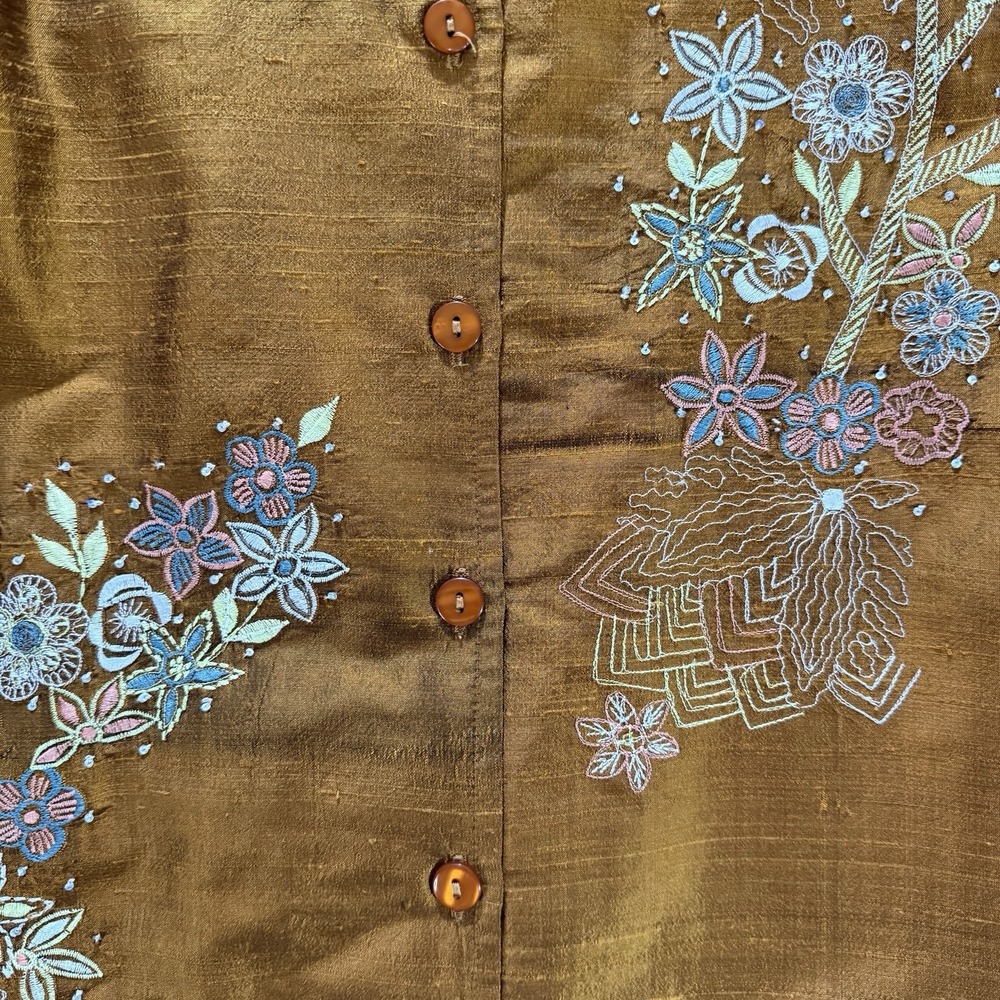 Coldwater Creek Large Silk Embroidered Mandarin Collar Blouse Orange Floral Boho - Picture 8 of 10